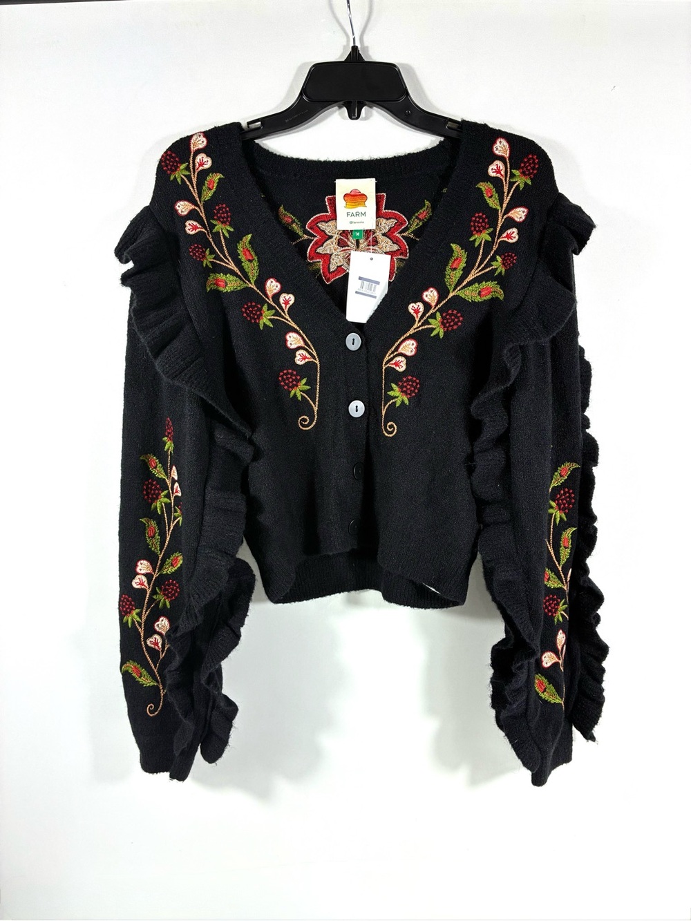 Farm Rio Berry Embroidered Ruffle Cardigan Black Medium NEW - Picture 5 of 16